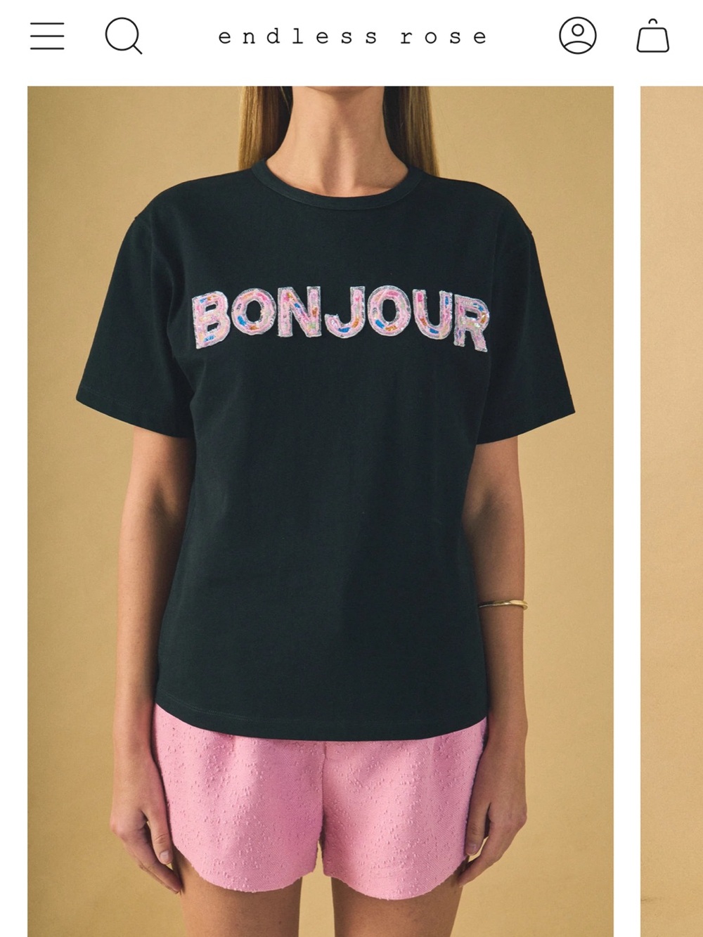 Endless Rose Black Tee with Multicolor BONJOUR Embroidery and beading
